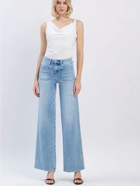 Flying Monkey Patch Pockets Light Blue High-Rise Wide Leg Jeans